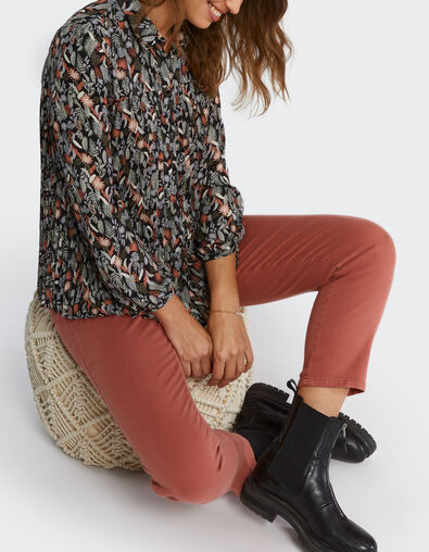 Zwarte hemdblouse plissé met plantenprint I.Code