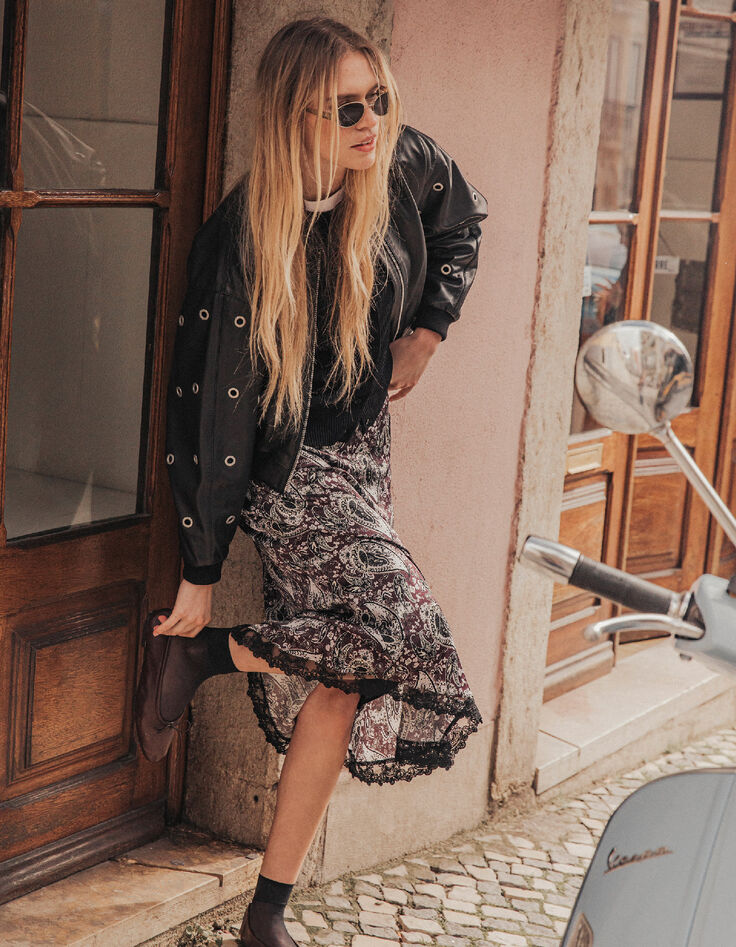Asymmetrischer langer Rock mit bordeauxfarbenem Paisleymuster Damen-6