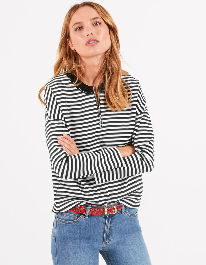 I.Code navy zip-neck blouse with ecru stripes - I.CODE