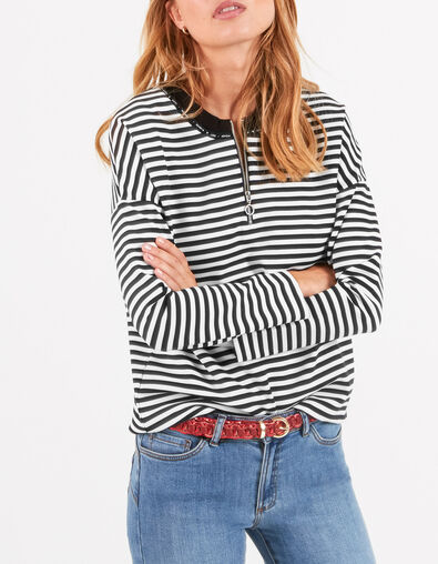 Navy blouse ecru strepen ritskraag I.Code