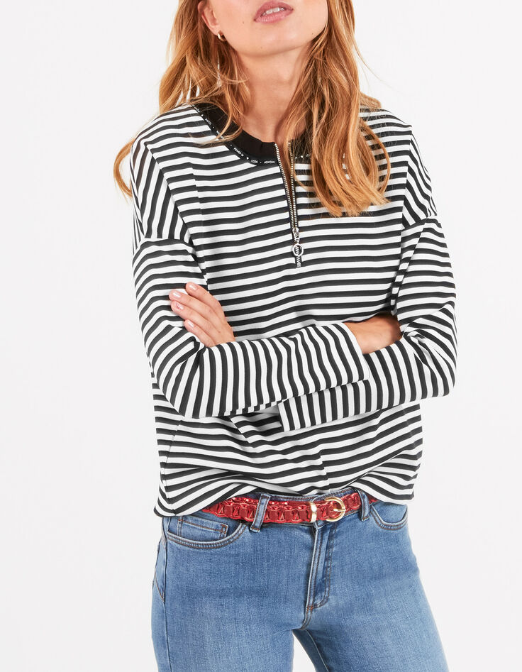 Navy blouse ecru strepen ritskraag I.Code-1