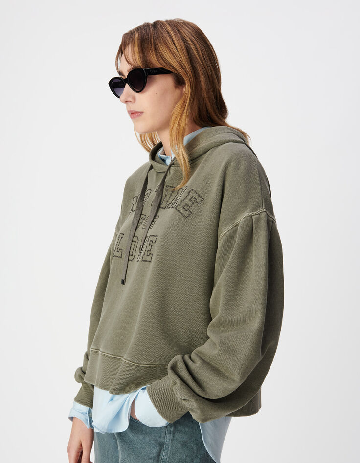 Kapuzenpulli khaki aus Bio-Baumwolle mit gestickter Botschaft Damen-4