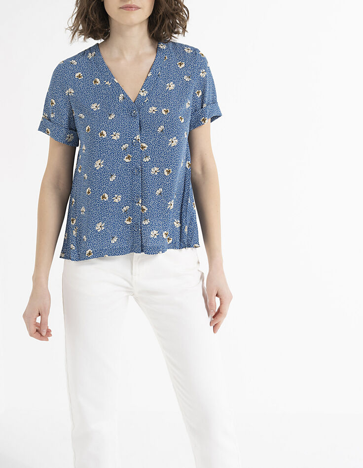 Top bleu imprimé fleurs et pois plissé dos I.Code-5 Top bleu imprimé fleurs et pois plissé dos I.Code-5