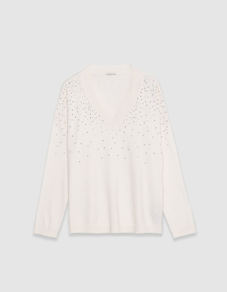 Wei&szlig;er Damen Strickpullover mit V-Ausschnitt und Nieten-5