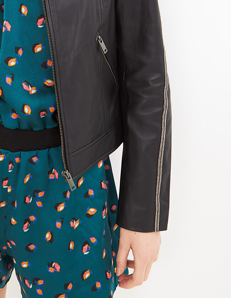 Chaqueta de cuero negra con galones microcadenas I.Code-5 Chaqueta de cuero negra con galones microcadenas I.Code-5