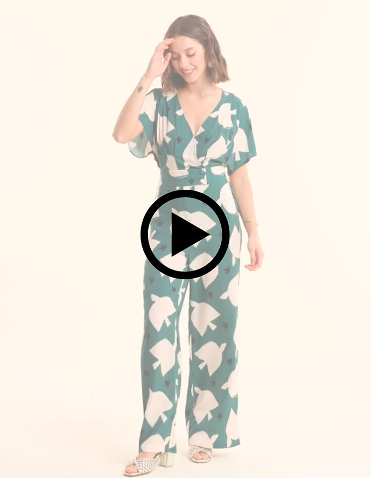 Combinaison-pantalon verte imprim&eacute; maxi oiseaux I.Code-7