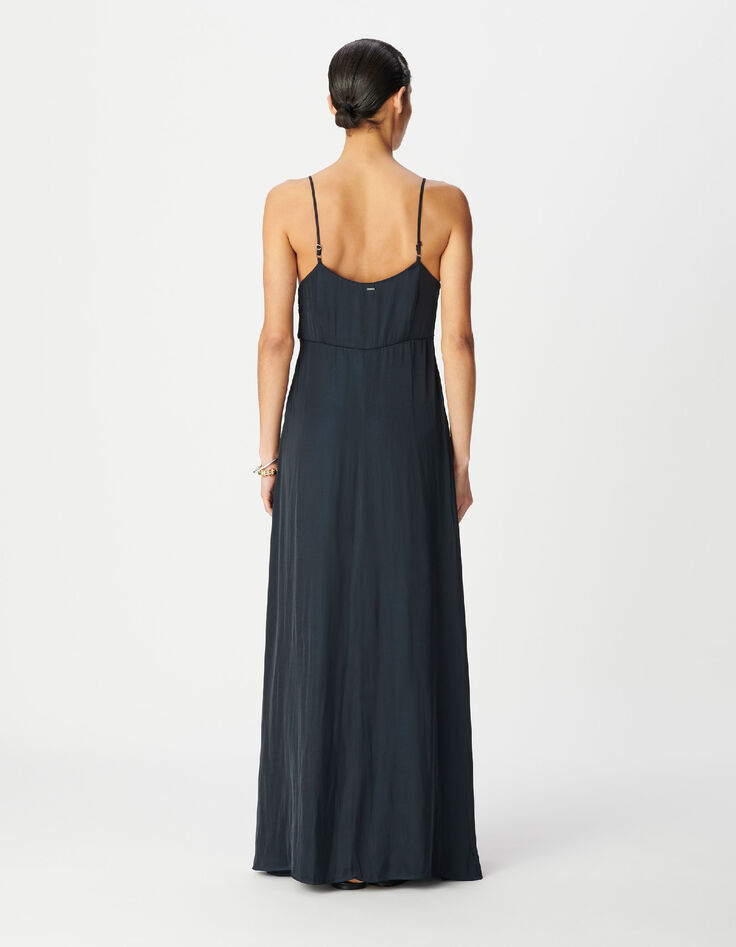 Marineblaues langes Kleid f&uuml;r Damen mit d&uuml;nnen Riemen und Knopfleiste-3