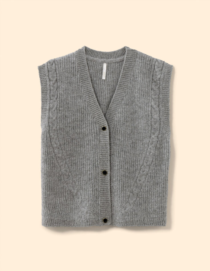 Cardigan sans manches gris tricot d&eacute;tails torsades I.Code-6