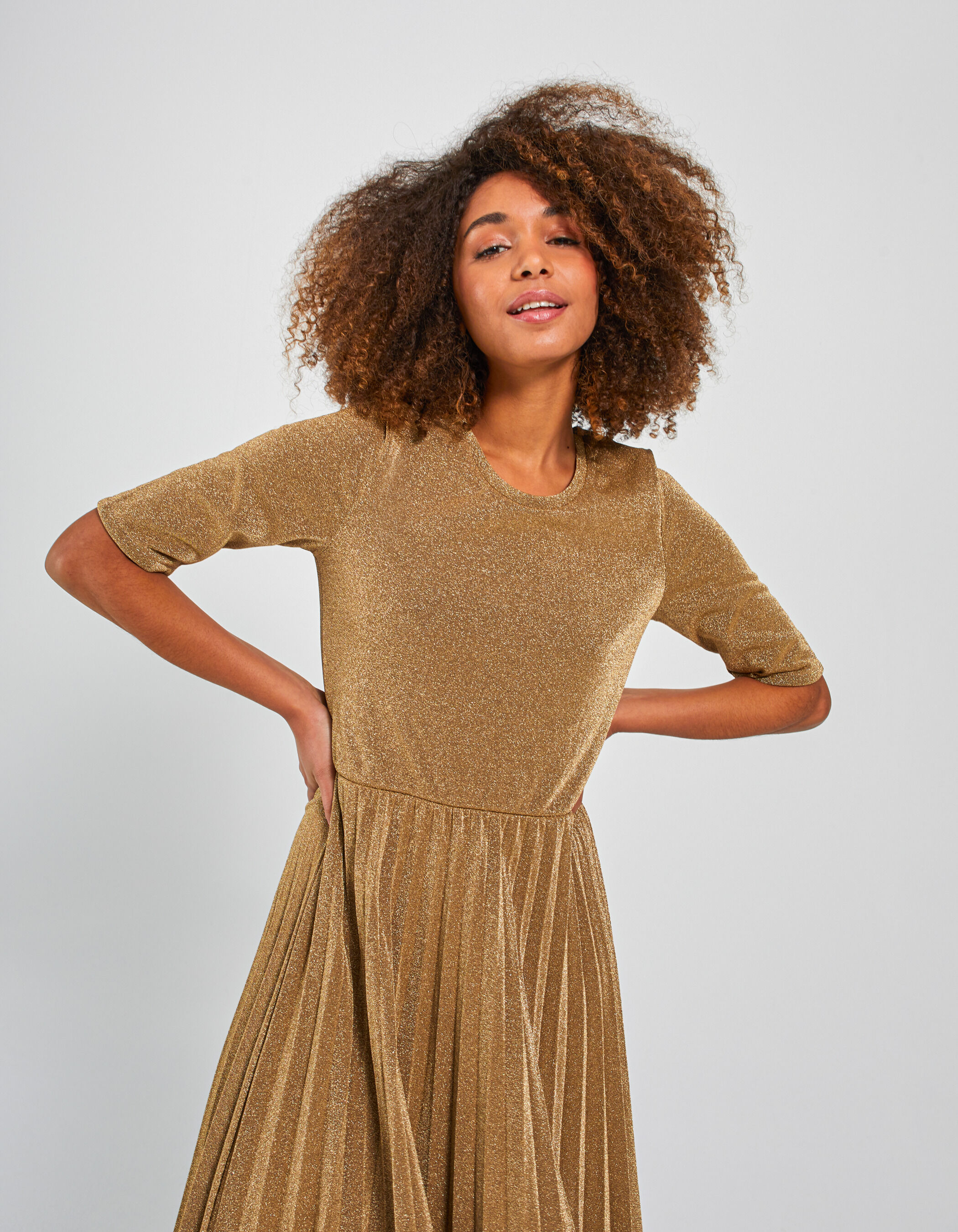 Gold pleated midi dress sales