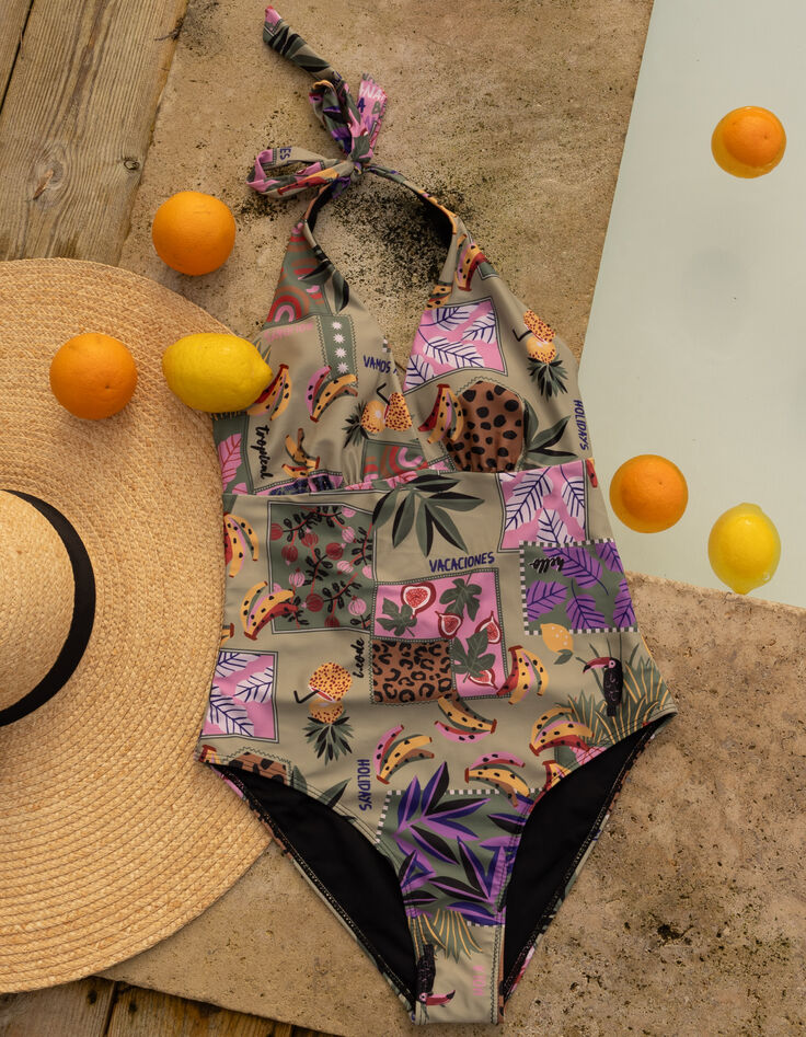 I.Code khaki swimsuit with banana patchwork print-9