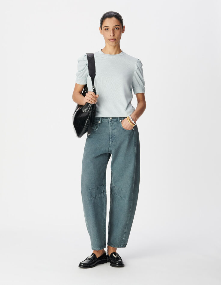 Blaues Pailletten-Rundhalsausschnitt-T-Shirt f&uuml;r Damen mit gerafften &Auml;rmeln-2