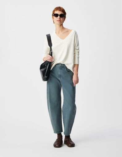 Wei&szlig;er Damen Strickpullover mit V-Ausschnitt und Nieten - IKKS