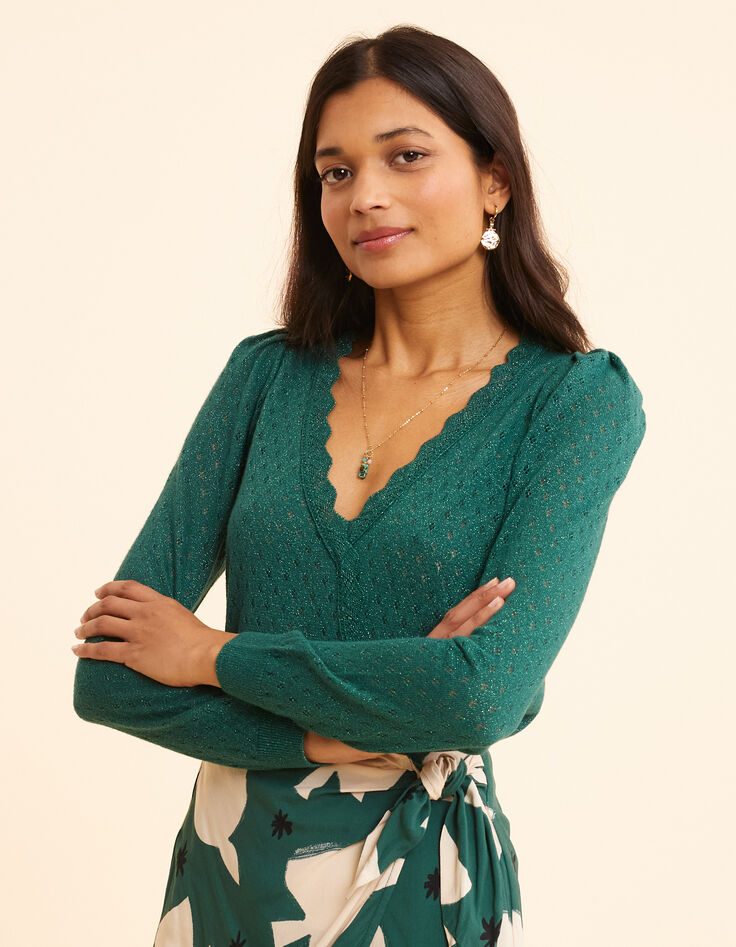 Pull vert lurex tricot ajouré effet cache-cœur I.Code-2