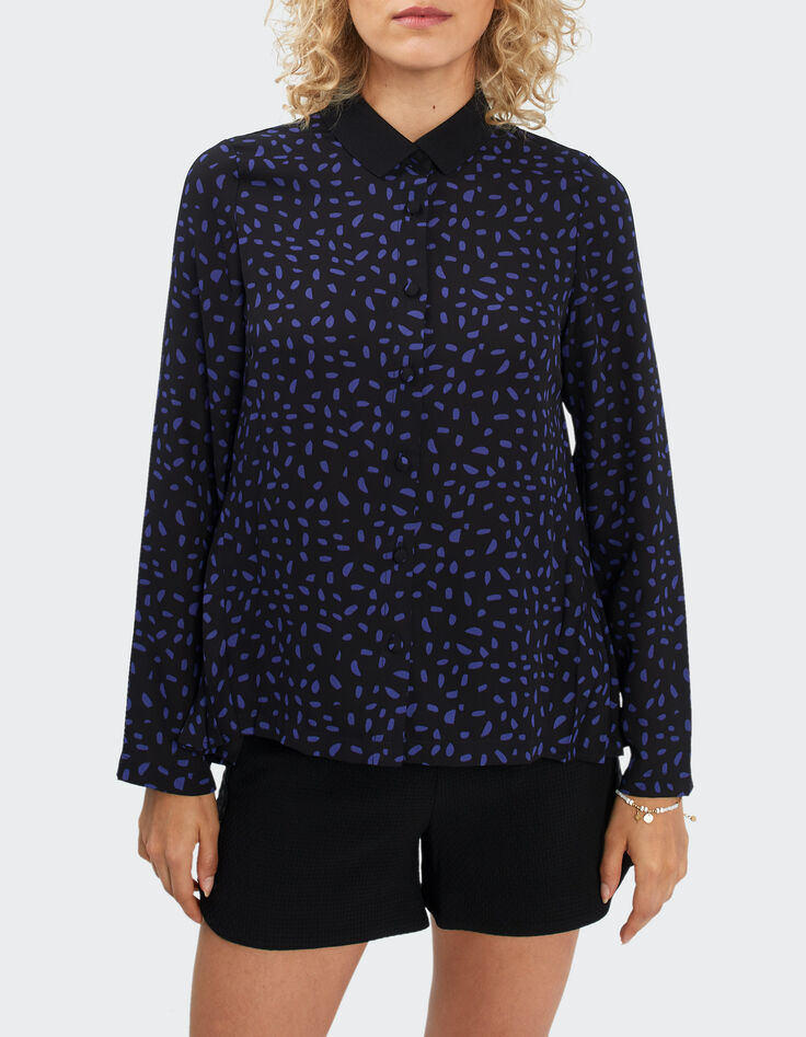 Blouse noire imprimé pois revisités dos plissé I.Code-1 Blouse noire imprimé pois revisités dos plissé I.Code-1