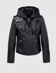 Women's black leather biker jacket with detachable hood-6