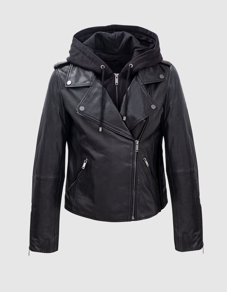 Women's black leather biker jacket with detachable hood-6