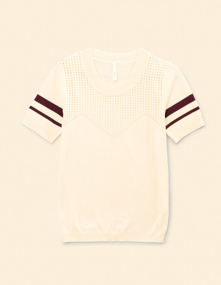 Ecru Ajours-Strickpulli rote Streifen I.Code-6 Ecru Ajours-Strickpulli rote Streifen I.Code-6