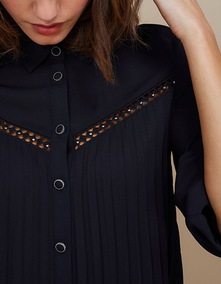 I.Code black pleated shirt with studded openwork braid - I.CODE