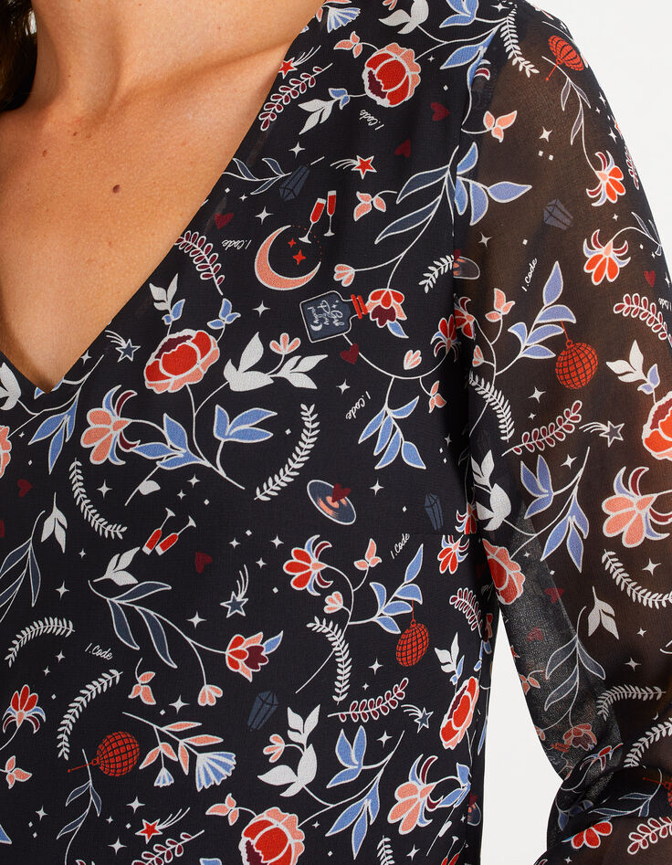 Blusa negra estampado flores indias I.Code-3 Blusa negra estampado flores indias I.Code-3