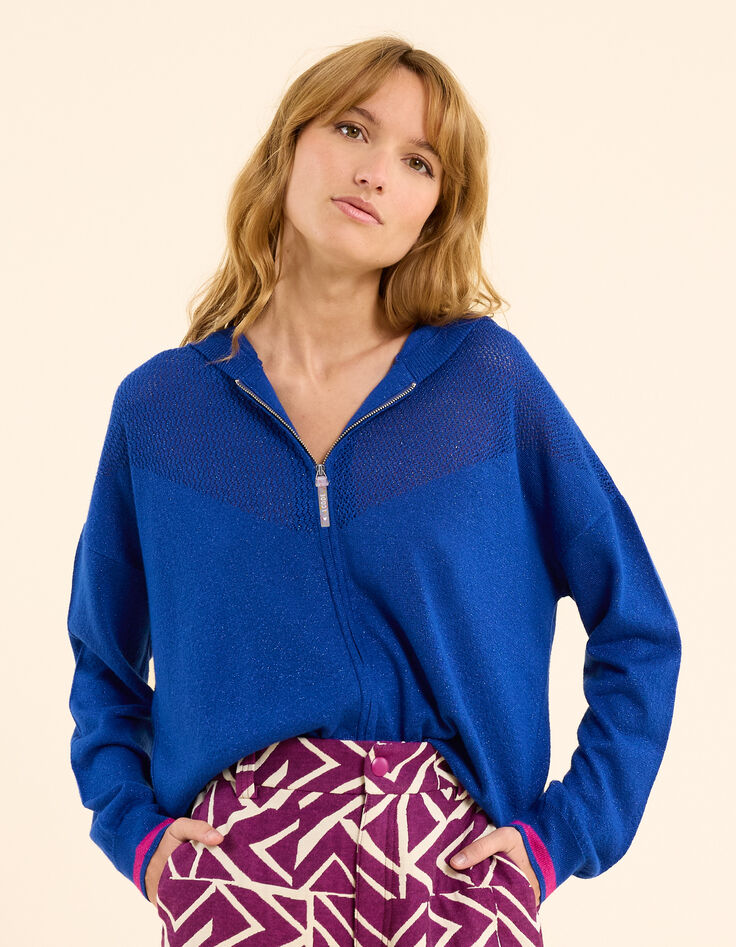 Cardigan zippé à capuche bleu tricot lurex I.Code-2