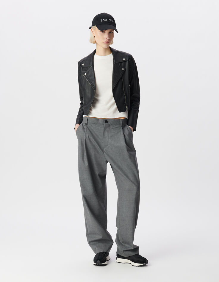 Blouson court noir cuir &eacute;paules matelass&eacute;es Femme-1