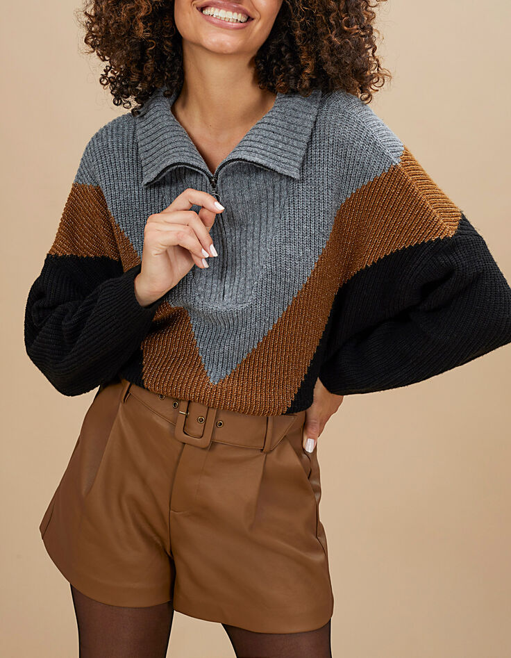 Pull noir, fauve, gris en tricot à col camionneur I.Code-1