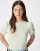 Gr&uuml;nes paillettenbesetztes Damen-Rundhalsausschnitt-T-Shirt mit gerafften &Auml;rmeln-4