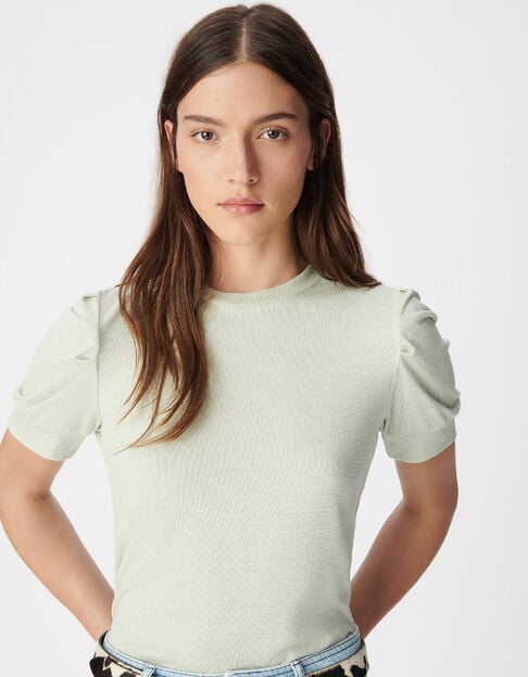Gr&uuml;nes paillettenbesetztes Damen-Rundhalsausschnitt-T-Shirt mit gerafften &Auml;rmeln - IKKS