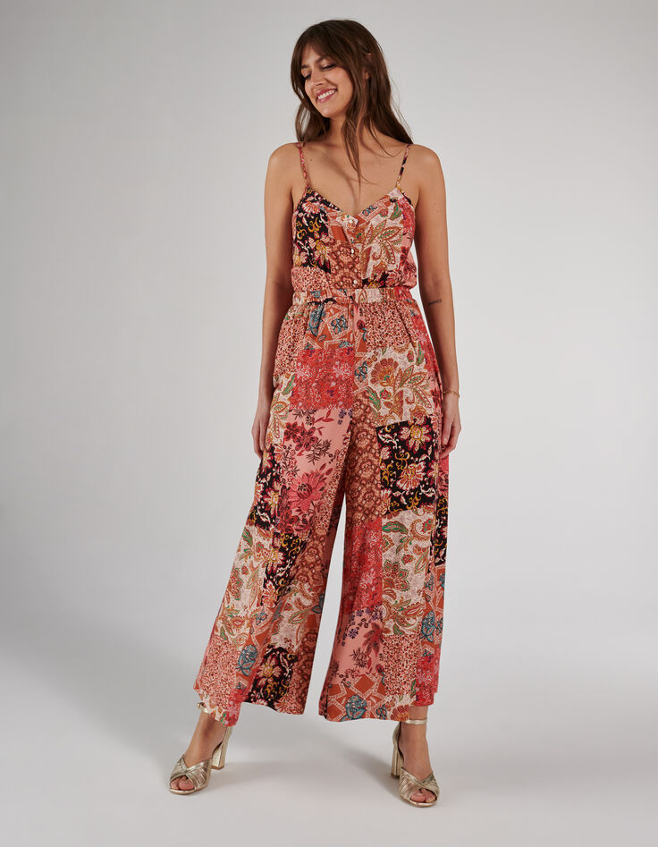 Pantalon large rose thé imprimé patchwork floral I.Code-5