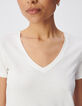 Wei&szlig;es V-Ausschnitt T-Shirt Damen mit Fischgr&auml;ten-Stickerei-4