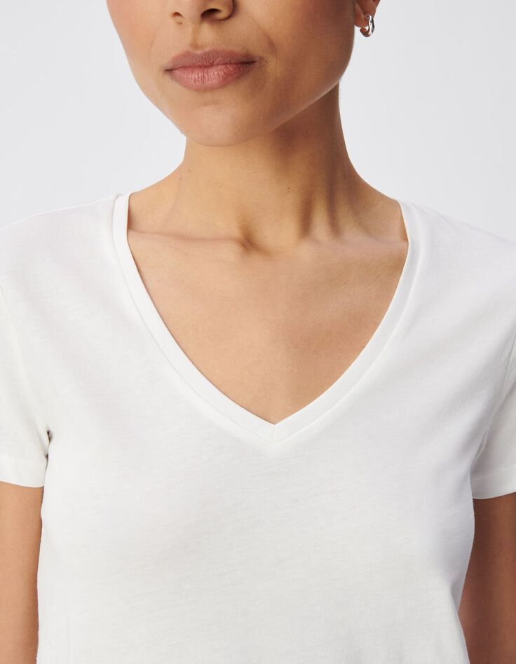 Wei&szlig;es V-Ausschnitt T-Shirt Damen mit Fischgr&auml;ten-Stickerei-4