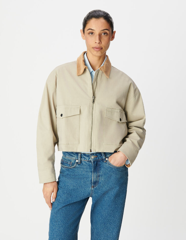 Beigefarbene Jacke in &Uuml;bergr&ouml;&szlig;e mit Samt-Details f&uuml;r Damen-2