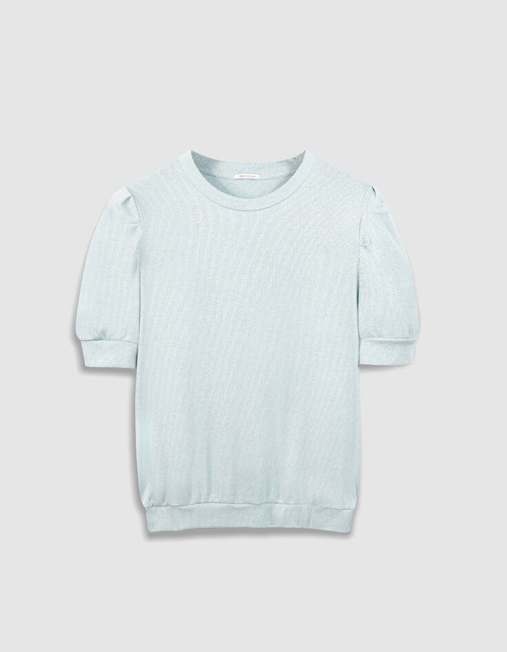 Blaues Pailletten-Rundhalsausschnitt-T-Shirt f&uuml;r Damen mit gerafften &Auml;rmeln-6