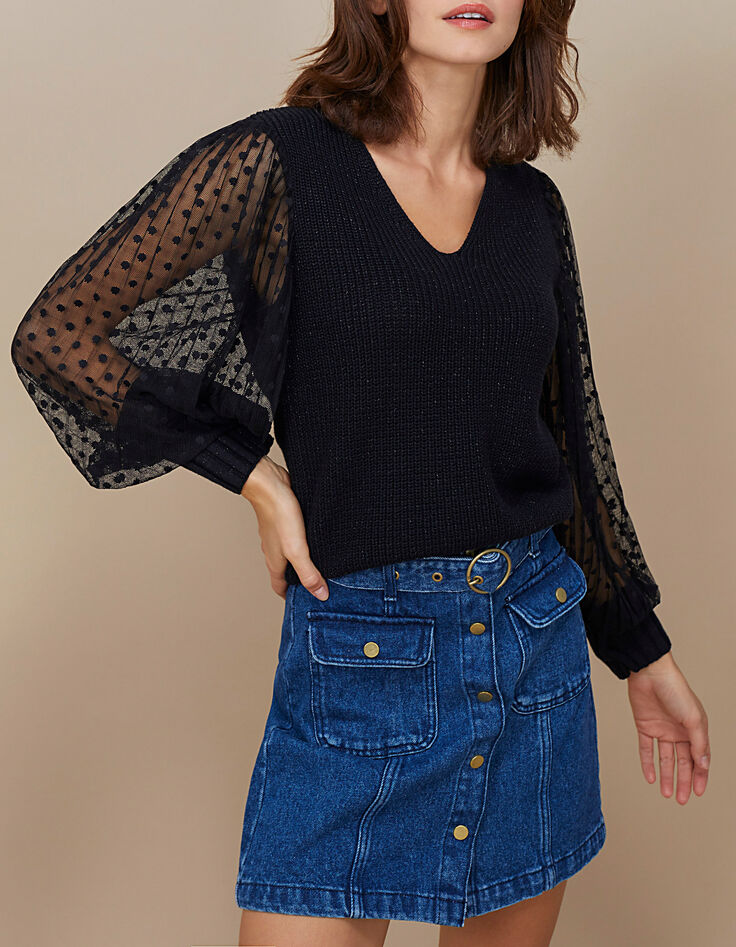 Pull noir bi matière à manches résille plissée I.Code-2