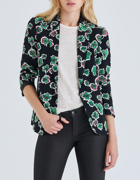 Schwarzer Damenblazer mit Green Flowers-Print - IKKS