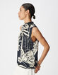 &Auml;rmelloses Satin-Top navy mit Blattprint f&uuml;r Damen-4