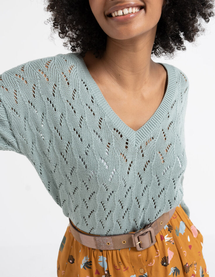 Pull light green tricot ajouré dos cache-cœur I.Code-1