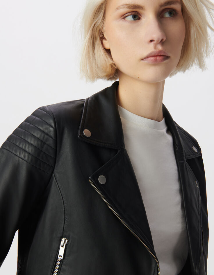 Blouson court noir cuir &eacute;paules matelass&eacute;es Femme-5