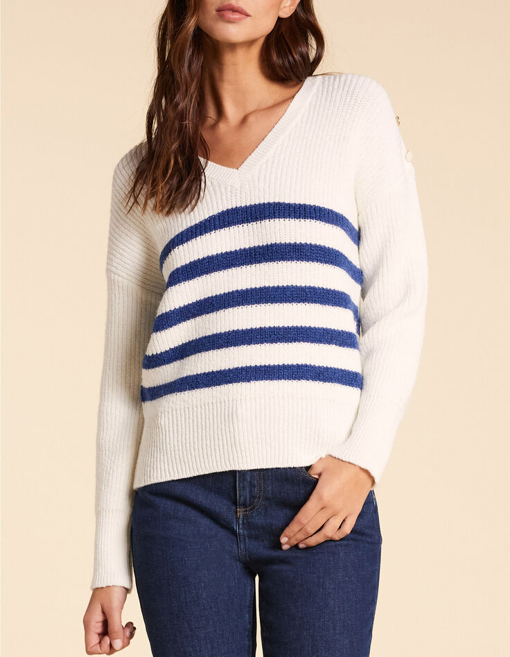 Pull blanc tricot ray&eacute; bleu I.Code-2