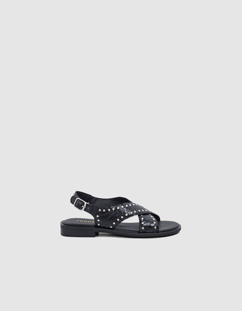 I.Code black studded crocodile-look patent leather sandals