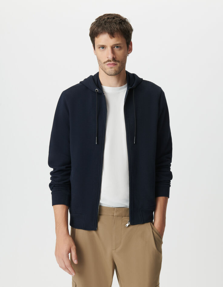Blaue Herrenstrickjacke Biobaumwolle Ausschnitt Kapuze-6