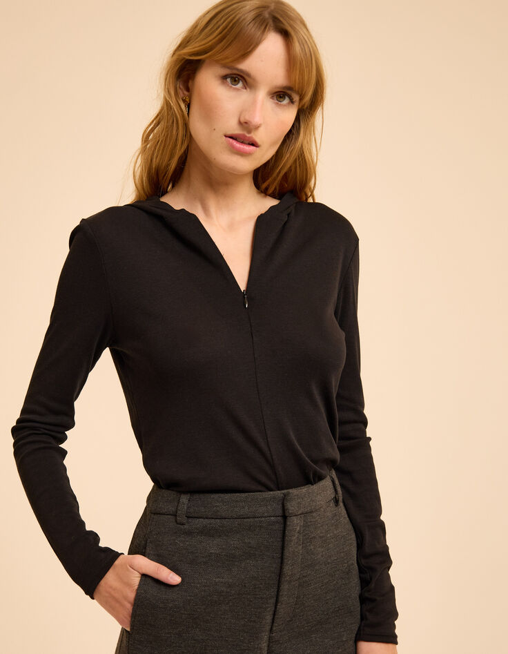 I.Code black hooded T-shirt with zipped collar-2