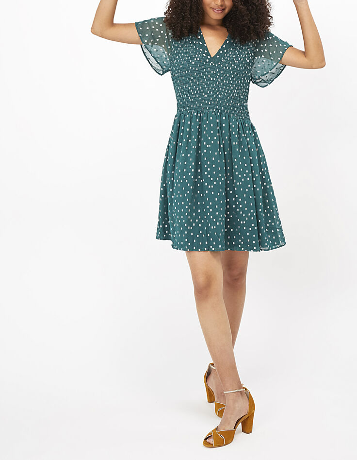 Vestido verde estampado cuadros plata con smocks I.Code-5