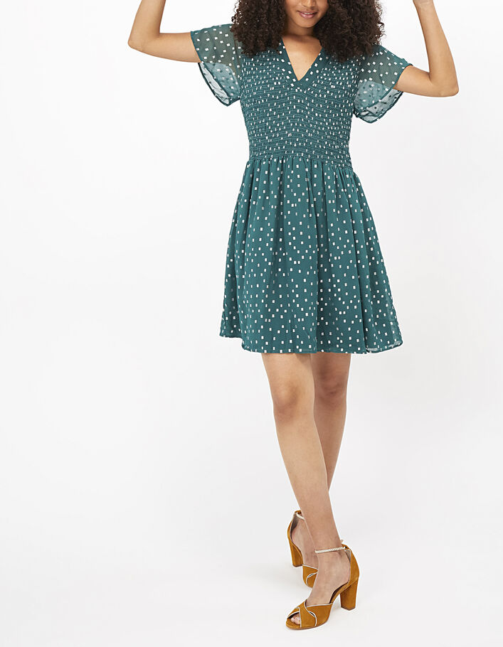 I.Code green silver square print dress with smocking - I.CODE