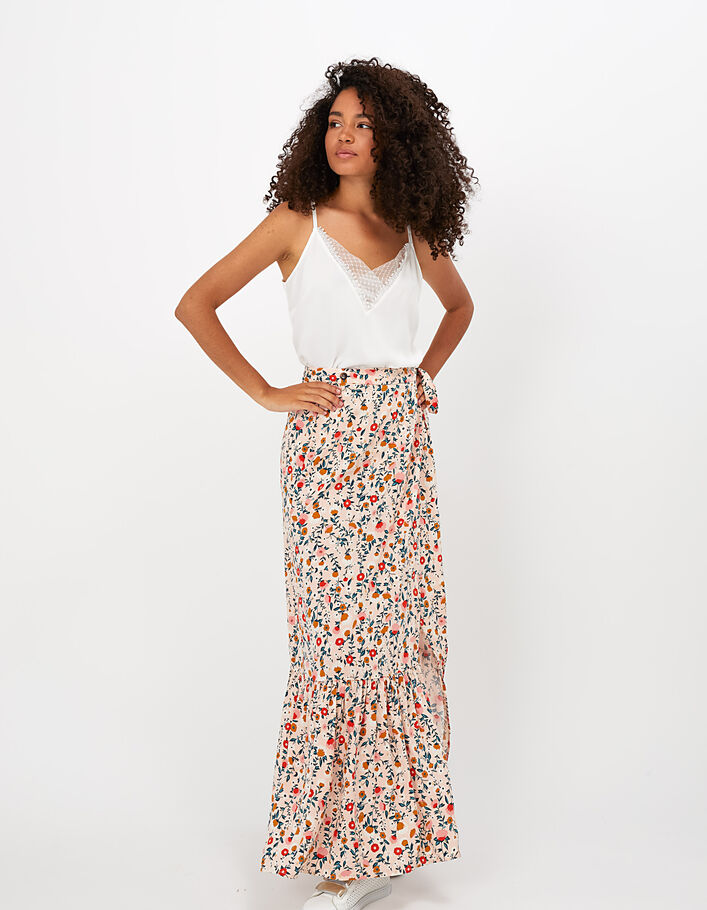 Jupe longue rose poudr?� ?� imprim?� floral et dor?� I.Code