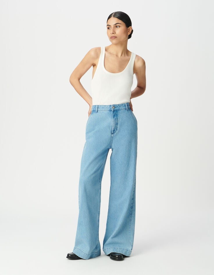 Blaue weite Damenjeans hoher Bund-1