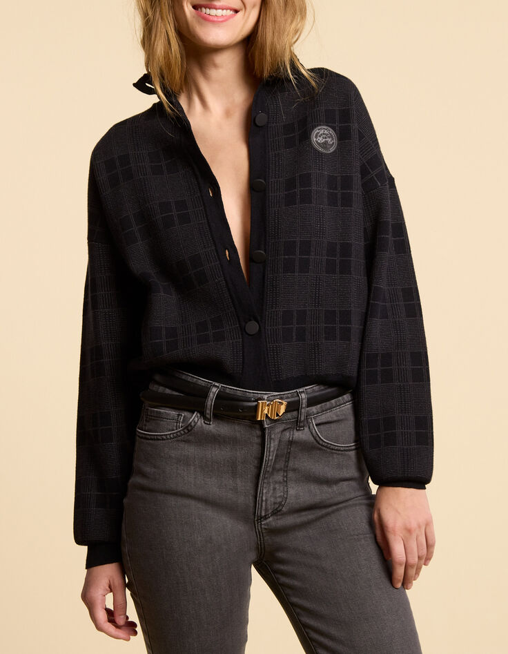 I.Code black knit cardigan with check jacquard motif-2 I.Code black knit cardigan with check jacquard motif-2