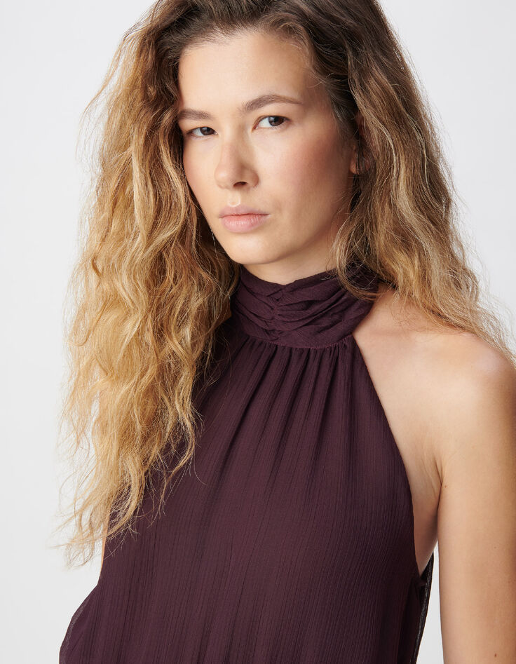 Samtiges burgunderfarbenes langes Kleid mit R&uuml;schen Damen-4