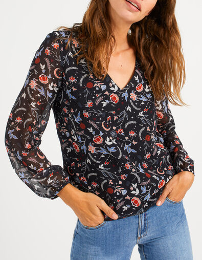 Blusa negra estampado flores indias I.Code