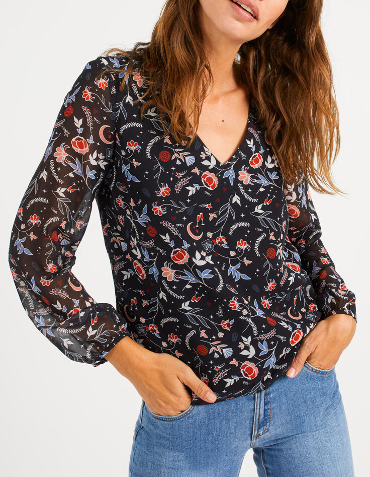 Blusa negra estampado flores indias I.Code-1 Blusa negra estampado flores indias I.Code-1